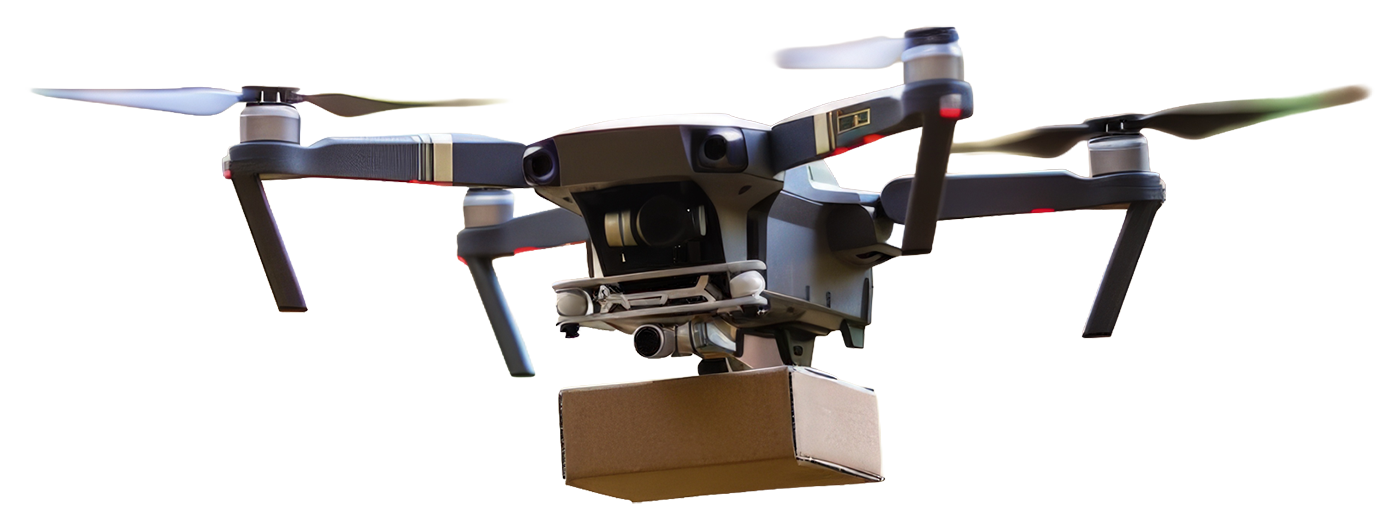 A quadcopter in flight carrying a payload