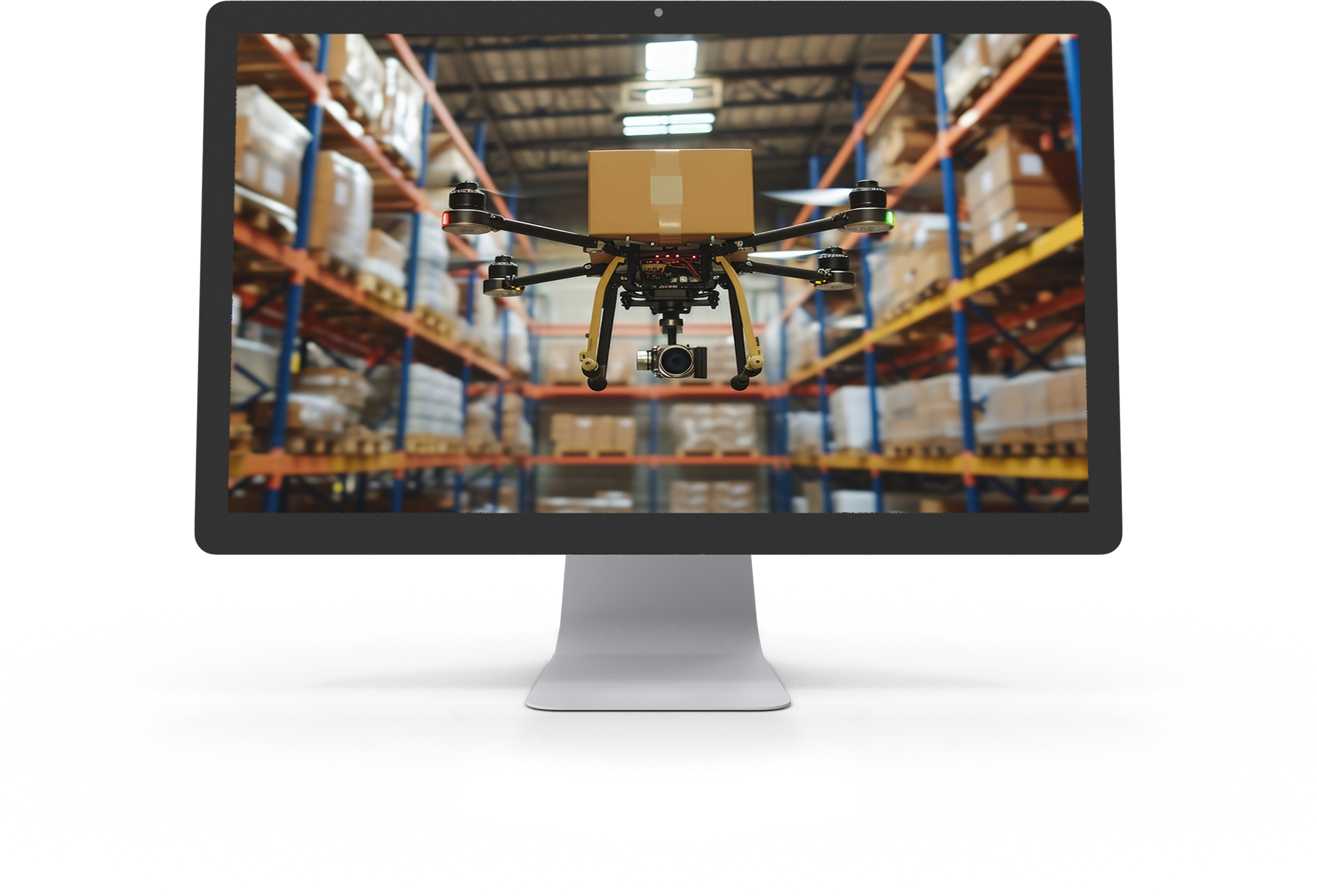 Desktop monitor displaying a delivery drone carrying a package inside a warehouse