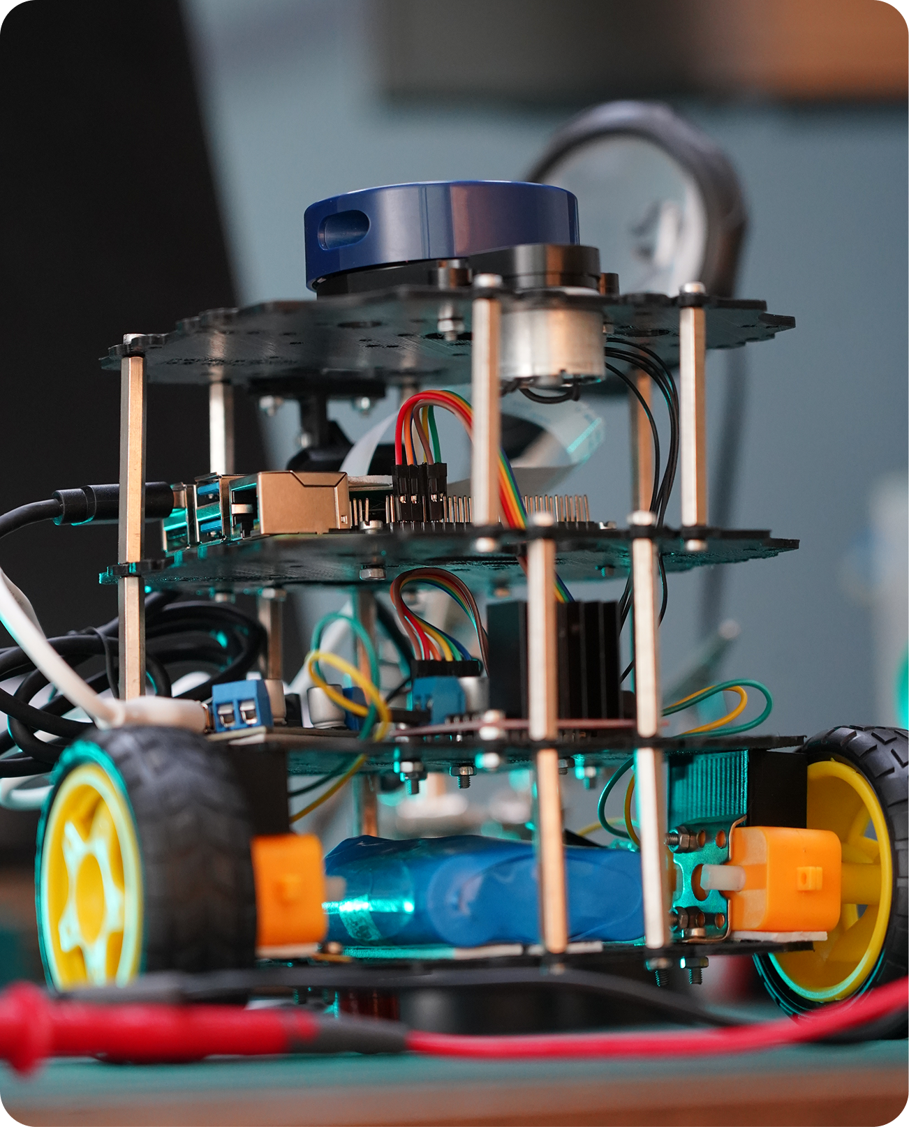 In-house built robotics chassis with exposed circuit boards