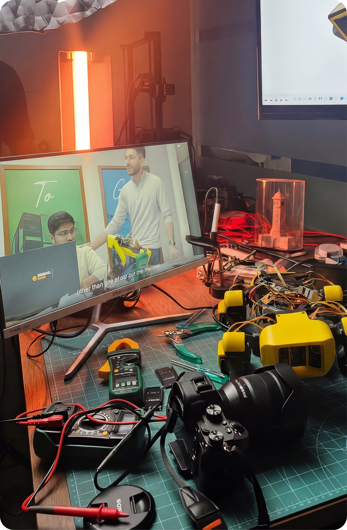 Robotics workbench with multimeters, a camera, and a quadruped robot