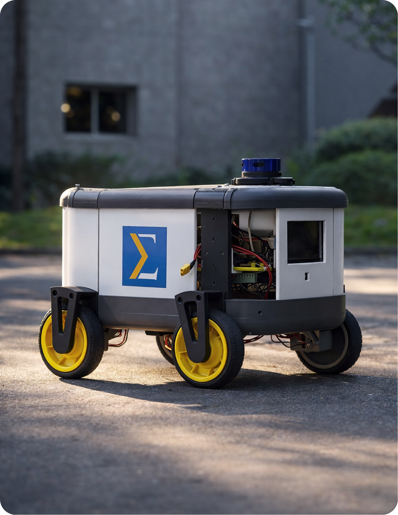 In-house Sigma-branded outdoor robot with yellow wheels