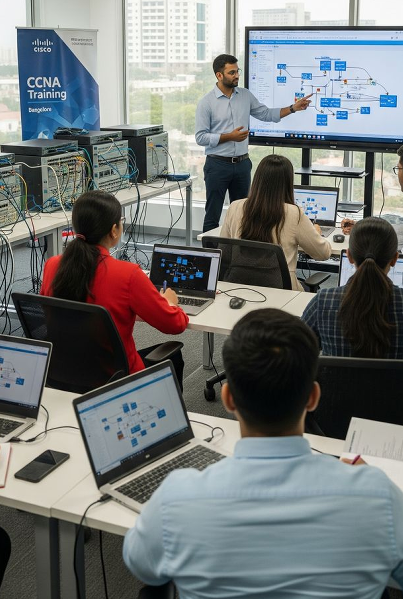 Instructor teaching a networking class while students follow along on laptops