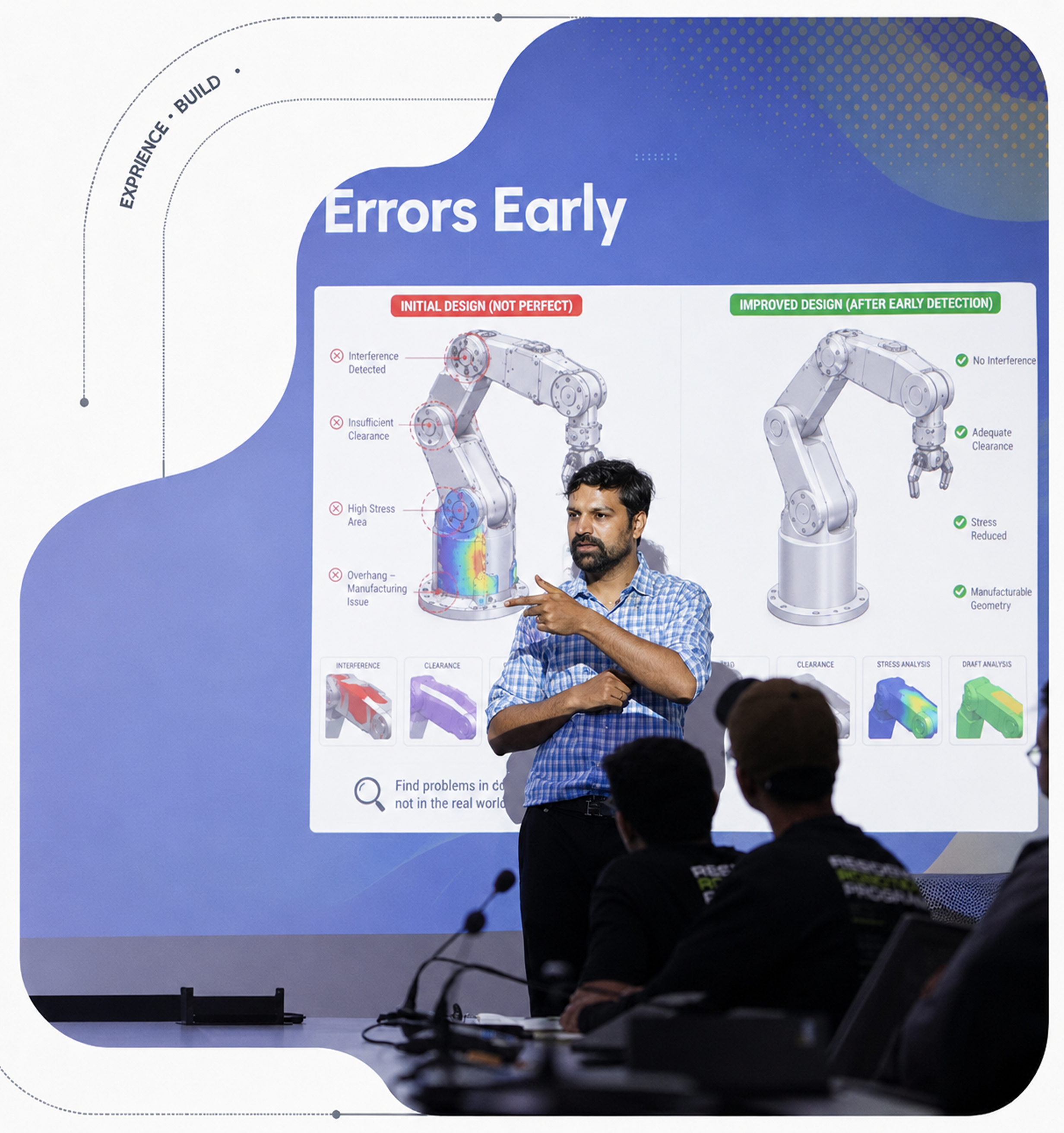 Mentor guiding students through robotics design review